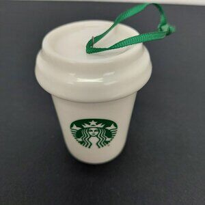 Starbucks Coffee Cup Ornament 2016 Holiday Collectible Ceramic With Green Ribbon
